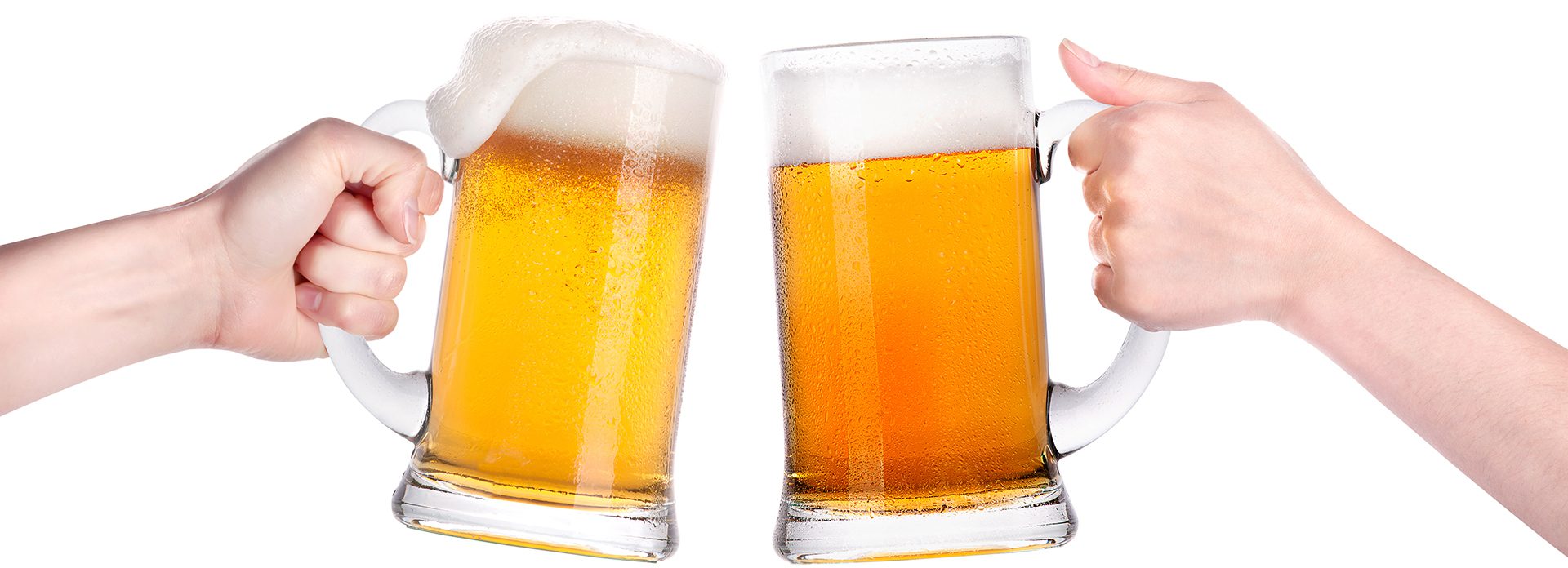 Two hands clink large glass mugs filled with frothy amber beer against a white background, capturing the festive spirit reminiscent of Simi Valley Oktoberfest.