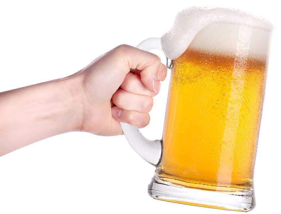 beer with hand making toast isolated on a white background