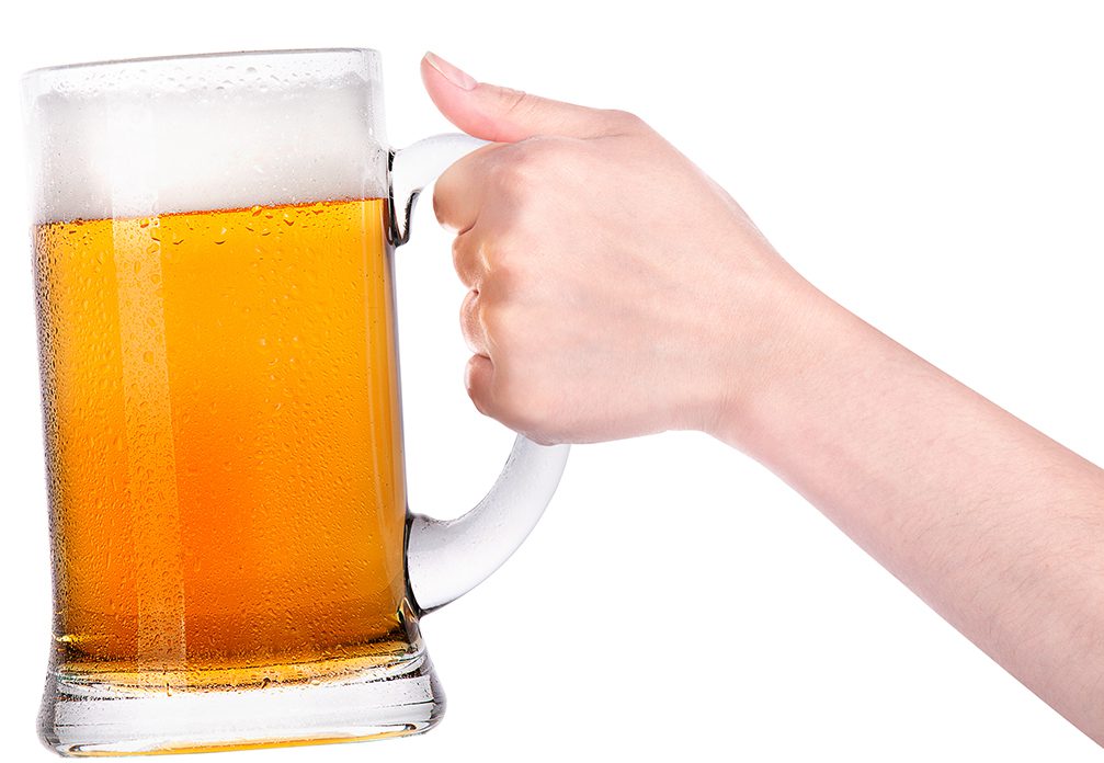 beer with hand making toast isolated on a white background